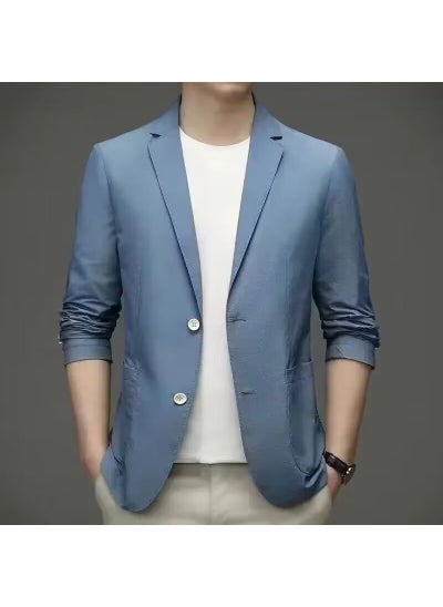 اشتري Summer Ice Silk Suit Mens Ultra-thin Casual Sun Protection Suit Small Suit Lightweight Spring and Autumn Single Western Jacket Top Blue ultra-thin sunscreen] في الامارات