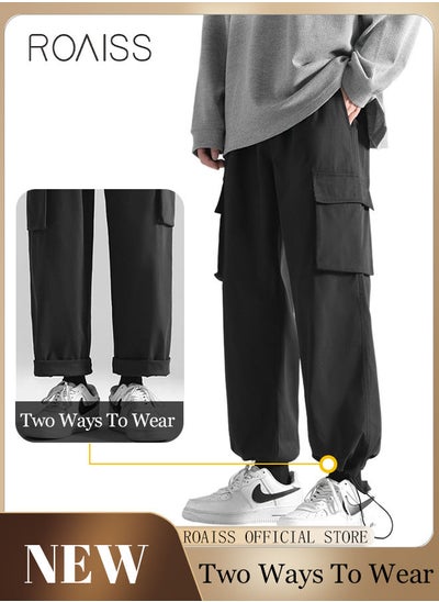 Buy Men's Ankles-tied Loose Straight Cargo Pant Multi-Pocket Polyester Cargo Pants Wide Leg Pants in Saudi Arabia