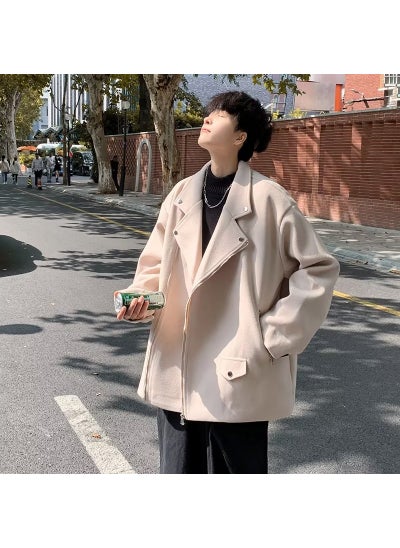 Buy Mens Woolen Blazer Short Trendy Solid Coat Fall Winter Beige White in UAE