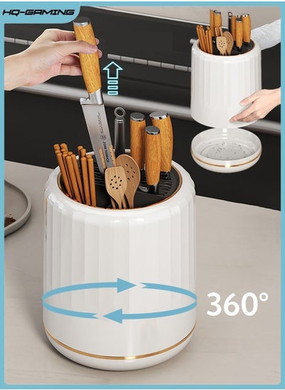 Buy Rotating Knife Holder Knife Block with Drain Tray for Kitchen Counter, Universal Knife Block Without Knives, 3 in 1 Multi-function Rotating Knife Block, Flatware Utensil Drying Rack in Saudi Arabia