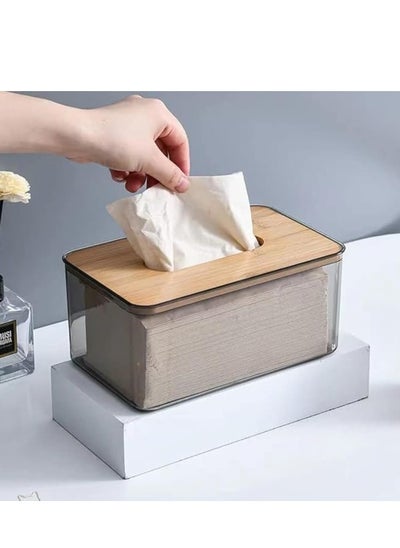 Buy Tissue Box Cover Holder, Minimalist Transparent Tissue Dispenser Box with Bamboo Lid, Rectangle Dryer Sheet Dispenser Holder, Facial Tissue Holder for Bathroom Living Room Bedroom (Medium) in Egypt