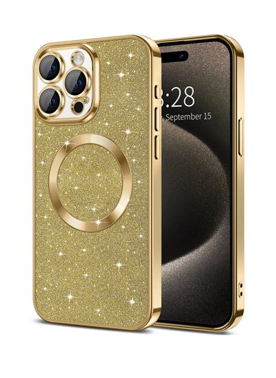 Buy iPhone 15 Pro Max Case Glitter, Clear Magnetic Phone Cases with Camera Lens Protector [Compatible with MagSafe] Bling Sparkle Plating Soft TPU Slim Shockproof Protective Cover Women in UAE