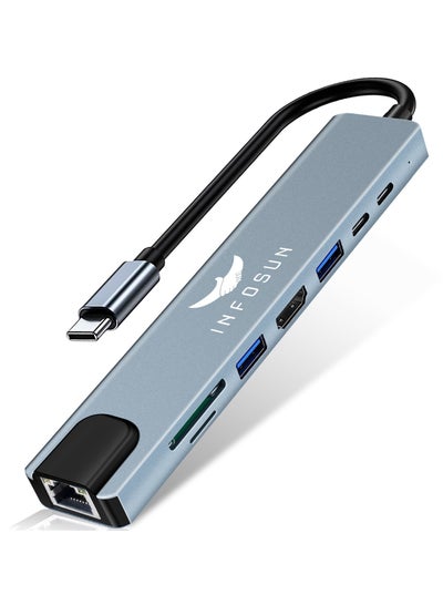 اشتري محول محور USB C من INFOSUN ، دونجل من النوع C ، محطة تحويل متعددة المنافذ 8 في 1 USB-C إلى 4K HDMI مع RJ45 Ethernet ، USB 3.0 ، 100W PD ، SD / TF قارئ بطاقة في السعودية
