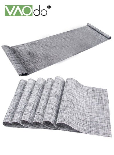 Buy 7PCS Placemats with Table Runner Set Woven Vinyl Table Mats and Runner for Dining Table Heat Resistant Grey in Saudi Arabia