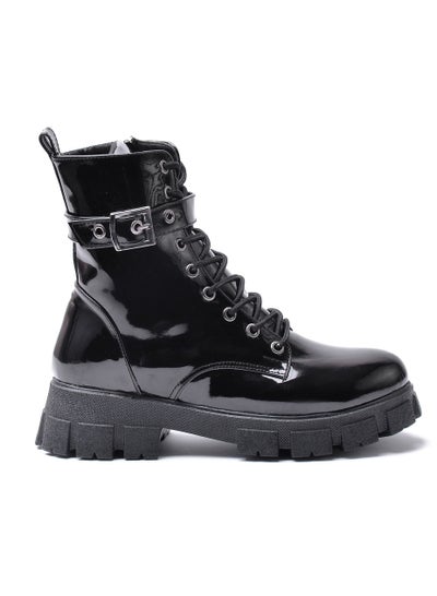 Buy High quality shiny leather half boot and zipper - black in Egypt
