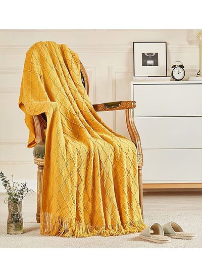 اشتري Soft Cozy Knit Blanket with Tassels for Couch and Bed Yellow في الامارات