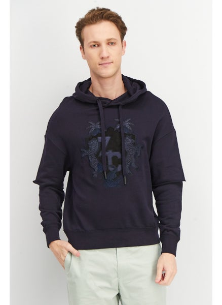 Buy Men Embroidered Hood With Drawstring Sweatshirt, Navy in UAE