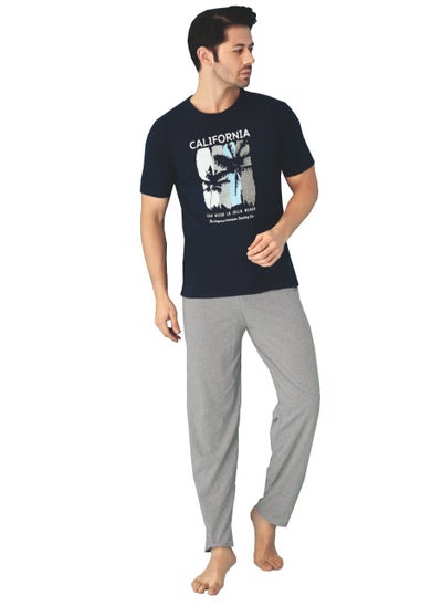 Buy Turkish Cotton T-Shirt and Pants Pajama Set Homewear Loungewear Navy/Grey in UAE