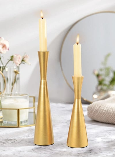 Buy Metallic gold color candle holder/candlestick, elegant design for weddings, events, holidays and home decor, lightweight, length 22 cm in Saudi Arabia