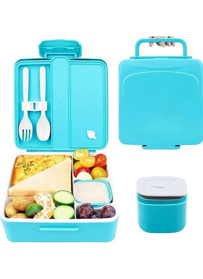 اشتري Kids Bento Lunch Box - Lunch Container with Sauce Jar, Spoon&Fork 4-Compartment, On-the-Go Meal and Snack Packing - Leak Proof, Durable, Microwave Safe (Blue) في السعودية