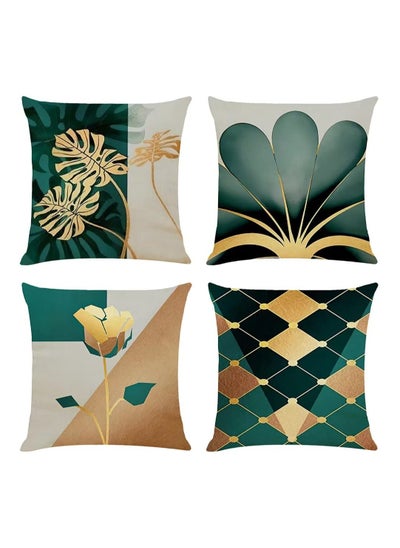 اشتري Set of 4 Linen Leaves Decorative Pillow Covers, 18x18 Inch Gold Teal Farmhouse Cushion Cases - Modern Living Room and Outdoor Garden Decor في الامارات