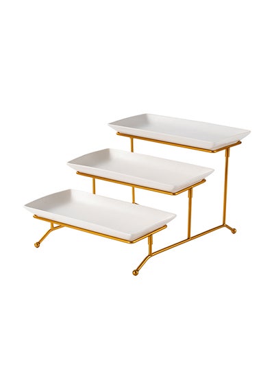 اشتري Shallow Porcelain 3-Tier Rectangular Serving Set with Gold Stand Rack - 3 Pieces, 29cm في الامارات