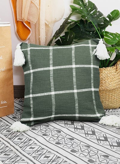 Buy Jute and Cotton Woven Square Shaped Cushion with Tassle 16 x 16 inches for Living Room Sofa (Checkered Pattern, Olive Green) in UAE