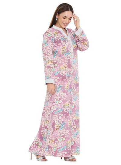 Buy LONG VISCOSE FLORAL PRINTED COLLAR ARABIC KAFTAN JALABIYA FARASHA DRESS in Saudi Arabia