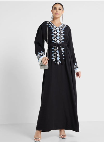 Buy Embroidered Belted Black Jalabiya in UAE