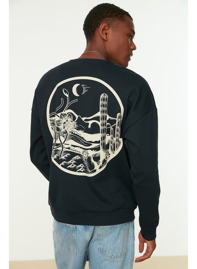 Buy Navy Blue Men's Oversize Tropical Back Printed Sweatshirt with Soft Pile Cotton Inside TMNAW22SW0796 in Egypt