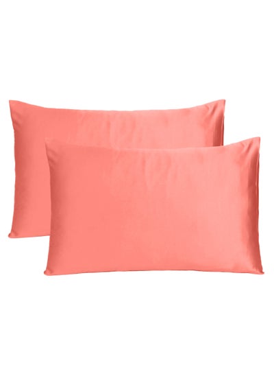 Buy 2 Piece Solid Satin Pillowcase with Soft and Breathable Pillowcase for Hair Care Salmon Rose Color Standard Size (20 x 26 Inches) in UAE