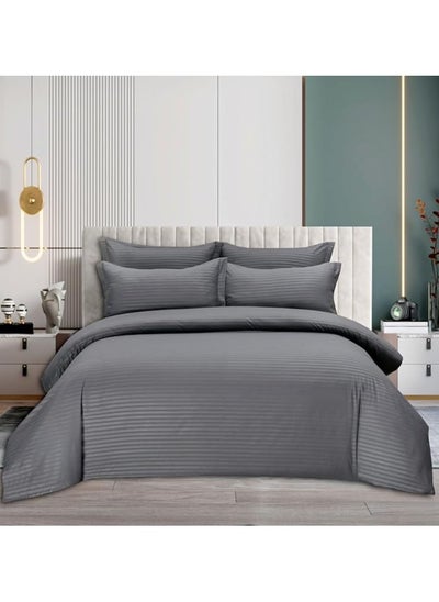 Buy Comfy 6 Pc King Size Fiber Filled Hotel Quality Striped Grey Cotton Comforter Set in UAE