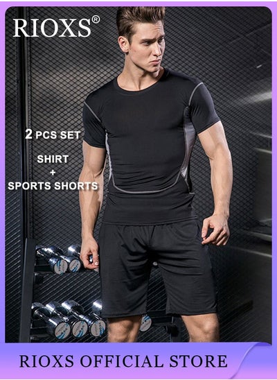 اشتري Men's Fitness Sports Two Piece Running Tight Set Short Sleeve and Shorts Quick Dry Tights Training Set for Fitness Gym Sports في السعودية