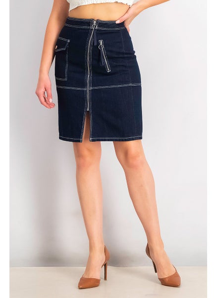 اشتري Women Solid Vermicelli Denim Skirt, Navy Blue في الامارات