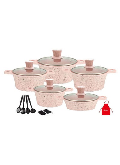 Buy 17-Pieces Granite Cookware Set Includes Casserole With Lid 24cm, Casserole With Lid 28cm, Casserole With Lid 32cm, Casserole With Lid 28cm, Shallow Casserole 7xCooking Tools Pink/Clear in UAE