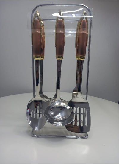 Buy A Set Of 6 Steel Cooking Spoons With A Pink AQnd Gold Handle With A Silver Stand in Saudi Arabia