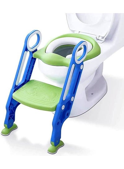 Buy Potty Training Toilet Seat with Step Stool Ladder for Boys and Girls Baby Toddler Kid Children Toilet Training Seat Chair with Handles Padded Seat Non-Slip Wide Step (Blue Green) in UAE