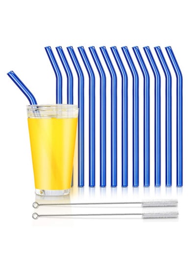 Buy Reusable Glass Straws, Bent Drinking Straws with 2 Cleaning Brushes, for Smoothies, Milkshakes, Juice (Blue, 12 Pack) in UAE