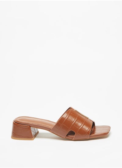 Buy Women Textured Slip-On Sandals with Metal Accent and Block Heels in Saudi Arabia