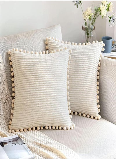 اشتري ANRODUO Pack of 2 Throw Pillow Covers with Pom-poms Corduroy Cushion Case 16x16 Cute and Soft Boho Throw Pillow Covers Decorative Pillows Covers for Couch Sofa Bed and Living Room Cream في الامارات