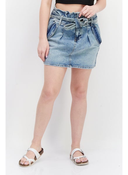 اشتري Women Belted Washed Denim Skirts, Blue في الامارات