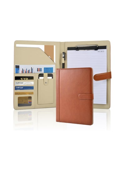 Buy Padfolio Clipboard Folder Portfolio, Faux Leather Legal Document Organizer with Signature Pen/Business Card Holder/Letter Size A4 Writing Pad/Mobile Phone Storage Pocket, Brown in Saudi Arabia