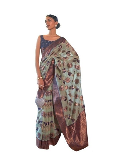 Buy Organza Light Green Colour Saree With Blue Golden Floral Print And Border Plus Unstitched Blouse in UAE