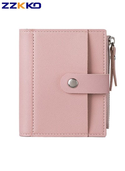 Buy New Short Portable Ladies Card Holder Large Capacity Coin Purse with Zipper and Snap Button Slim Foldable PU Wallet Pink in Saudi Arabia