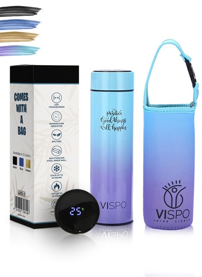 Buy Smart Water Bottle With 304 Stainless Steel Inner Wall Blue Pink Vispo, 500ml Thermos Flask With LED Temperature Display & Tea Filter, Double Wall & BPA Free Insulated Vacuum With Bag in Saudi Arabia