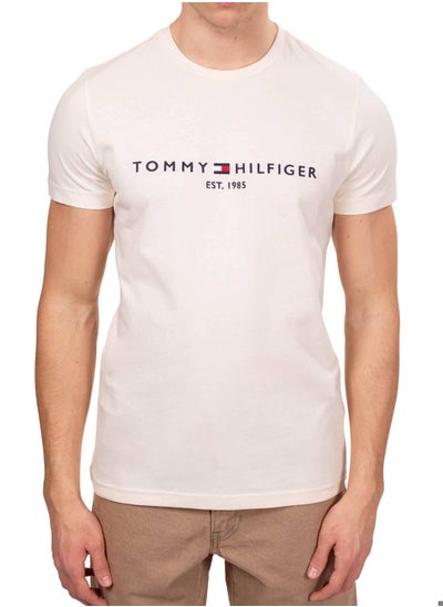 Buy Men's Logo Embroidery Slim Fit T-Shirt -  Pure cotton, Beige in Saudi Arabia