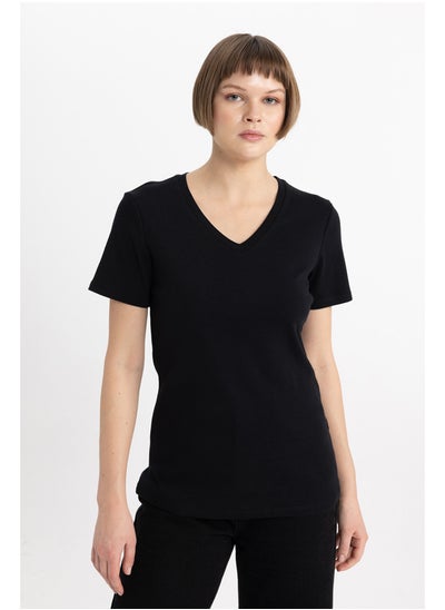 Buy Woman Slim Fit V Neck Knitted Short Sleeve T-Shirt in Egypt