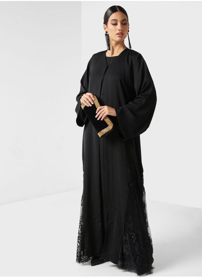 Buy Embellished Lace Detail Flared Sleeve Abaya in Saudi Arabia