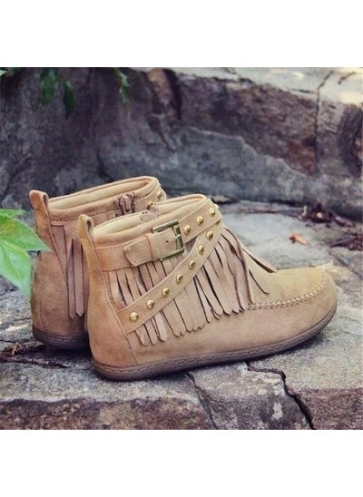 اشتري 2023 Autumn Vintage Tassel Flat Ankle BootsKhaki Khaki في السعودية