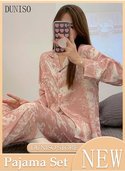 Buy 2-Piece Women's Soft Pajamas Set Long Sleeve Silky Sleepwear Loungewear Button-Down Nightwear Pajama Sets Spring And Autumn Home Wear Long Sleeve Top And Pants in UAE