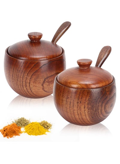 Buy 2 Sets Sugar Bowl with Lid and Spoon, Wooden Condiment Jar Spice Container, Sugar Container, Condiment Canisters, Seasoning Box, Salt Container for Kitchen in UAE