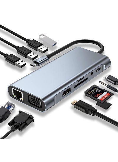 اشتري USB C HUB, USB C Adapter 11 in 1 Dongle with 4K HDMI, VGA, Type C PD, USB3.0, RJ45 Ethernet, SD/TF Card Reader, 3.5mm AUX, Docking Station Compatible with MacBook Pro/Air, Other Type C Laptops Devices في السعودية