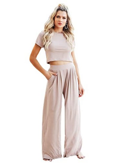 Buy Set Of Casual Wear Crop Top And Pants Comfortable For Women (Beige) in UAE