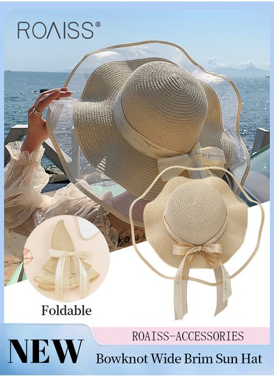 Buy Bohemian Wide Wave Brim Sun Hat Foldable Sun Visor Bowknot Summer Beach Straw Hat for Women Beige in Saudi Arabia