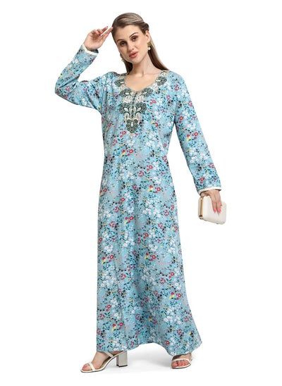 اشتري MULTICOLOUR FLORAL PRINTED WITH EMBROIDERED ELEGANT ARABIC KAFTAN JALABIYA DRESS في السعودية