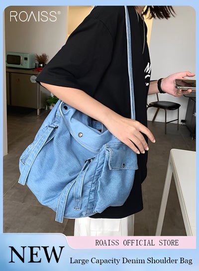 Buy Women's Large Capacity Canvas Shoulder Bag Casual Wear-Resistant Workwear Style Handbag Multi Pocket Tote Bag in UAE