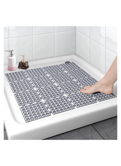 اشتري Square Shower Mat Non Slip, Shower Floor Mat with Suction Cups and Drain Holes, Antibacterial TPE Shower Mat for Elderly Kids, for Bathroom, Kitchen, Pool, Machine Washable, 24 x 24 inch, Grey في الامارات