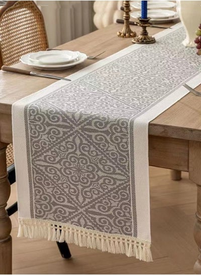 Buy 1-Piece Geometric Tassel Table Runner Cotton and Linen White/Grey 35x180 cm in UAE