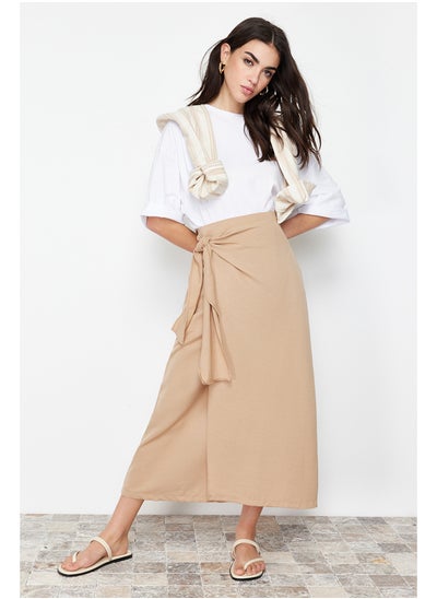 Buy Camel Double Breasted Tie Detailed Woven Linen Look Skirt TCTSS24EE00002 in Egypt