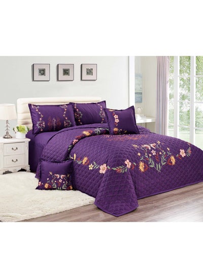 Buy Sleep night Floral Compressed 6 Pieces Comforter Set King Size 220 X 240 Cm All Season Reversible Bedding Set Geometric Quilted Stitching Design Purple in Saudi Arabia